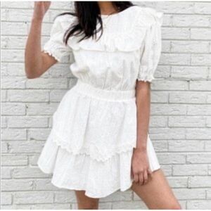 Free The Roses White Ruffle Lace Prairie Mini Dress Feminine Cottage Large